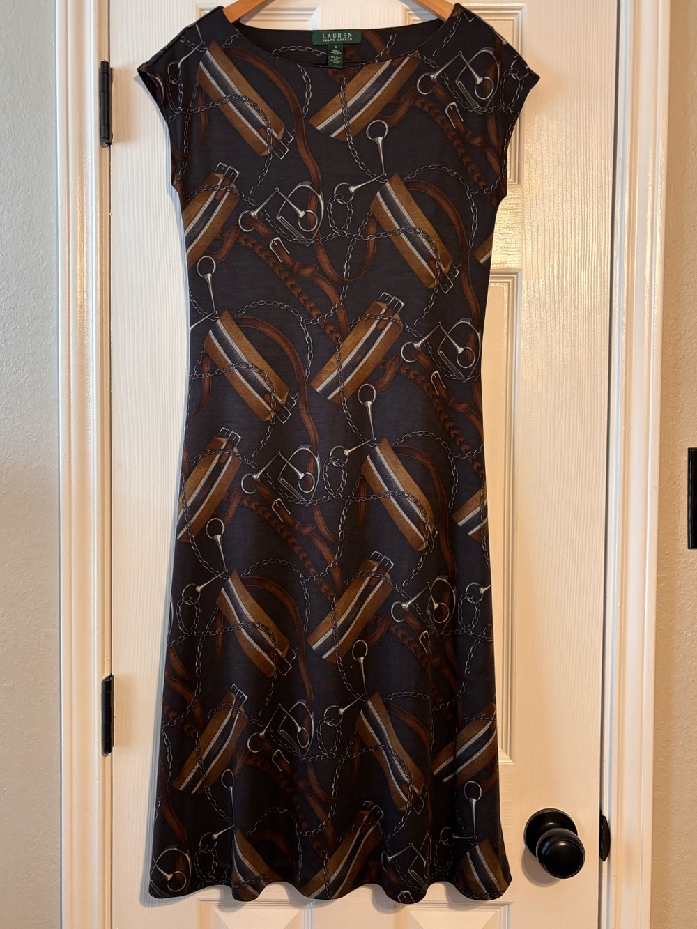 Lauren Ralph Lauren Silk Blend Equestrian Print Dress Size M Horsebit Brown Midi